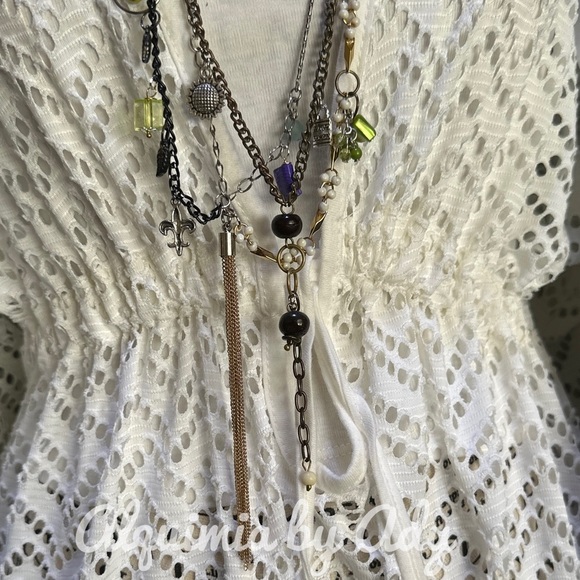 Green jade and Peridot and silver statement layered multi charms necklace - Picture 6 of 15
